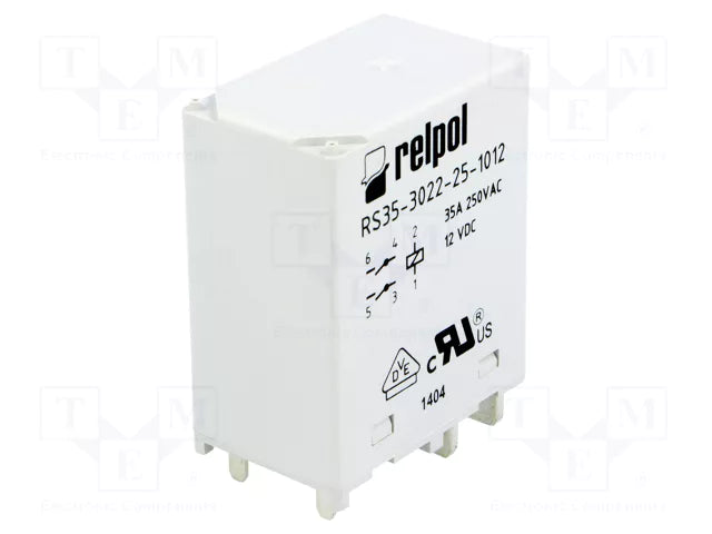 RELPOL S.A High power Relays RS35-3022-25-1018, 2 NO. Contact material: AgSnO2. Voltage coil 18 V DC. Rated load AC1 35 A / 250 V AC. Mounting: for PCB. Cover protection category IP 40.