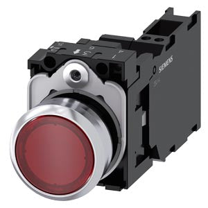 SIEMENS Illuminated pushbutton, 22 mm, round, metal, shiny, red, pushbutton, flat, momentary contact type, with holder, 1 NO+1 NC, LED module with integrated LED 230 V AC, screw terminal