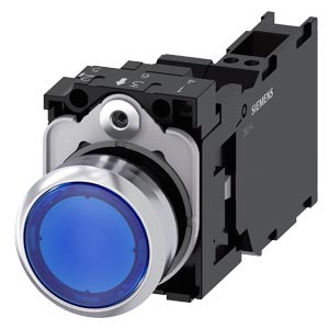 SIEMENS Illuminated pushbutton, 22 mm, round, metal, shiny, blue, pushbutton, flat, momentary contact type, with holder, 1 NO+1 NC, LED module with integrated LED 230 V AC, Spring-type terminal