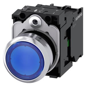 SIEMENS Illuminated pushbutton, 22 mm, round, metal, shiny, blue, pushbutton, flat, momentary contact type, with holder, 1 NO, LED module with integrated LED 230 V AC, screw terminal