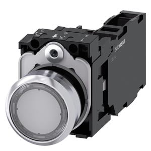 SIEMENS Illuminated pushbutton, 22 mm, round, metal, shiny, clear, pushbutton, flat, momentary contact type, with holder, 1 NO+1 NC, LED module with integrated LED 230 V AC, screw terminal