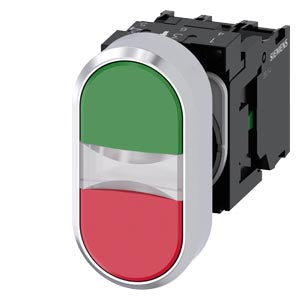 SIEMENS Illuminated twin pushbutton, 22 mm, round, metal, shiny, green, red, pushbuttons, flat momentary contact type, with holder, 1 NO, 1 NC, LED module, with integrated LED 230 V AC, white, screw terminal
