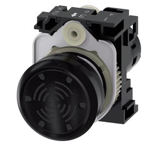 SIEMENS acoustic signal device, compact, 22 mm, round, plastic, black, Continuous tone 2.4 kHz, IP40, Sound pressure min. 80 dB/10 cm, with holder, Operating voltage 110 V AC, screw terminal