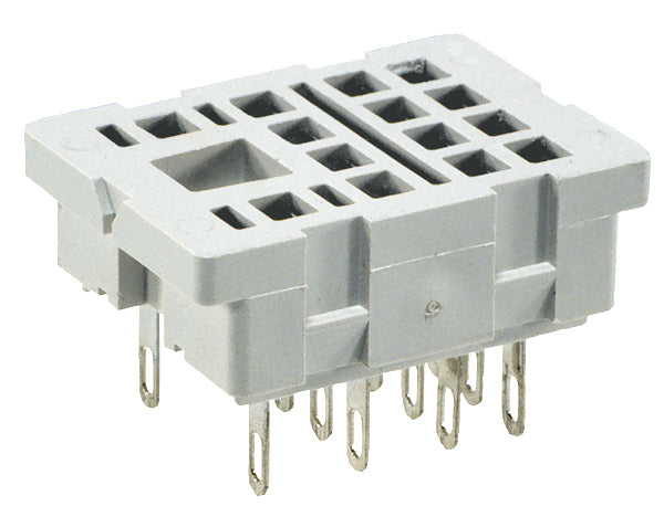 RELPOL S.A Socket for relay: R4N..Solder terminals. Dimensions 29,6 x 21,5 x 18,1 mm. Four poles. Obciążenie znamionowe 6 A, 250 V AC