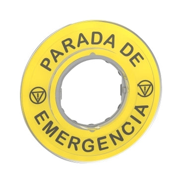 SCHNEIDER Harmony XB4. Legend. plastic. yellow. Ø90. for emergency stop. marked PARADA DE EMERGENCIA with logo ISO13851
