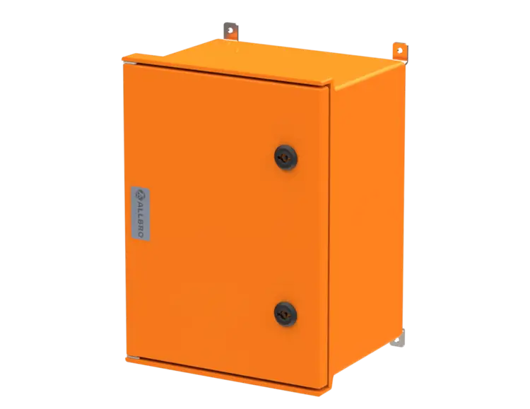 ALLBROX 3 ORANGE WITH SMC DEVICE PLATE ABOVE BOXES INCLUDE: SMC DEVICE PLATE, S/S HINGES, WALL BRACKETS, LOCKING MECHANISM & PANEL KEY