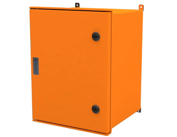 ALLBROX 4 DEEP ORANGE WITH SMC DEVICE PLATE ABOVE BOXES INCLUDE: SMC DEVICE PLATE, S/S HINGES, WALL BRACKETS, LOCKING MECHANISM & PANEL KEY