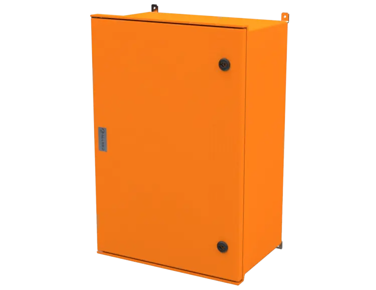 ALLBROX 6 DEEP ORANGE WITH SMC DEVICE PLATE ABOVE BOXES INCLUDE: SMC DEVICE PLATE, S/S HINGES, WALL BRACKETS, LOCKING MECHANISM & PANEL KEY