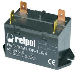 RELPOL S.A High power Relays R20-3022-96-5230, 2 NO. Contact material: AgSnO2. Voltage coil 230 V AC. Rated load AC1  25 A / 250 V AC. Mounting: for flat insert connectors. Cover protection category IP 50.