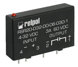RELPOL S.A Solid state relays, RSR20-D32-A0-38-030-0, maximum control voltage 32 V DC , output voltage 380 V AC, maximum output circuit current 3 A AC, with operation state signalling, for PCB.  Output circuit switching - relay making at zero voltage