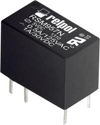 RELPOL S.A Signal relays RSM957N-0111-85-S005, 1 CO. Contact material: Ag/Au flash gold plating. Voltage coil 5 V DC sensitive coil. Rated load AC1  0,5 A / 125 V AC. Mounting: for PCB. Cover protection category IP 67.