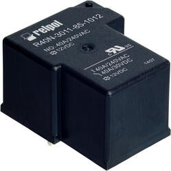 RELPOL S.A High power Relays R40N-3021-85-1012, 1 NO. Contact material: AgSnO2. Voltage coil 12 V DC. Rated load AC1  40 A / 240 V AC. Mounting: for PCB. Cover protection category IP 67.
