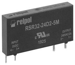 RELPOL S.A Single-phase sold state relays, miniature RSR32-24D2-12M, zero-crossing or random-on switching, load voltage 240 V AC, control input DC 12 V, rated load AC1 - 2A/240  V.