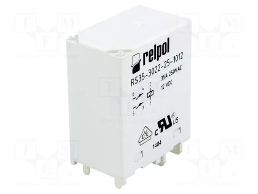 RELPOL S.A High power Relays RS35-3022-25-1012, 2 NO. Contact material: AgSnO2. Voltage coil 12 V DC. Rated load AC1  35 A / 250 V AC. Mounting: for PCB. Cover protection category IP 40.