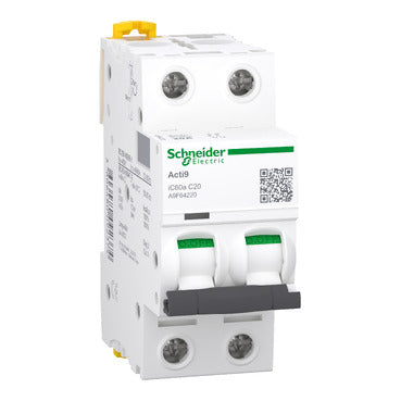 SCHNEIDER Miniature circuit-breaker. Acti9 iC60a. 2P. 20 A. C curve. 4500 A (IEC 60898-1). 6 kA (IEC 60947-2)