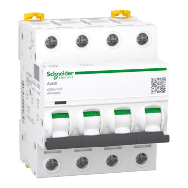 SCHNEIDER Miniature circuit-breaker. Acti9 iC60a. 4P. 32 A. C curve. 4500 A (IEC 60898-1). 6 kA (IEC 60947-2)