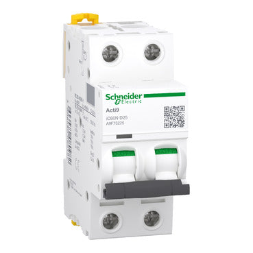 SCHNEIDER Miniature circuit-breaker. Acti9 iC60N. 2P. 25 A. D curve. 6000 A (IEC 60898-1). 10 kA (IEC 60947-2)