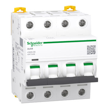 SCHNEIDER Miniature circuit-breaker. Acti9 iC60N. 4P. 6 A. D curve. 6000 A (IEC 60898-1). 10 kA (IEC 60947-2)