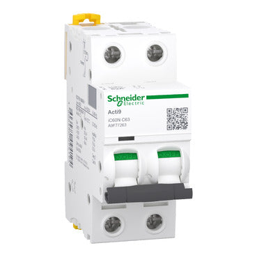 SCHNEIDER Miniature circuit-breaker. Acti9 iC60N. 2 pole. 63 A. C curve. 6000 A (IEC 60898-1). 10 kA (IEC 60947-2)