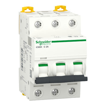 SCHNEIDER Miniature circuit-breaker. Acti9 iC60H. 3P. 2 A. C curve. 10000 A (IEC 60898-1). 70 kA (IEC 60947-2)