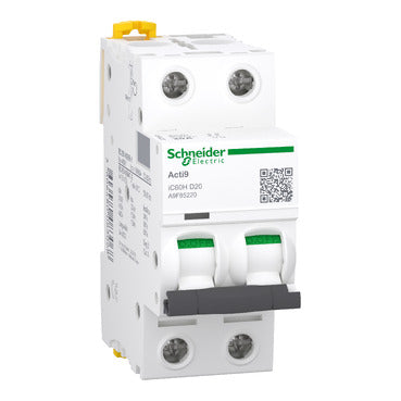 SCHNEIDER Miniature circuit-breaker. Acti9 iC60H. 2P. 20 A. D curve. 10000 A (IEC 60898-1). 15 kA (IEC 60947-2)