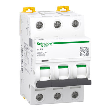 SCHNEIDER Miniature circuit-breaker. Acti9 iC60H. 3P. 20 A. D curve. 10000 A (IEC 60898-1). 15 kA (IEC 60947-2)
