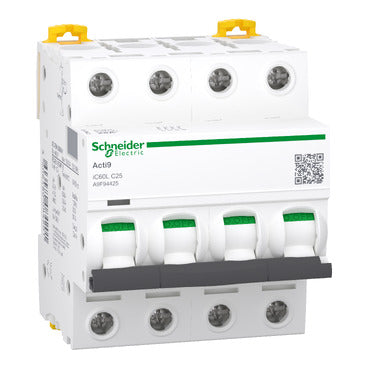 SCHNEIDER Miniature circuit-breaker. Acti9 iC60L. 4P. 25 A. C curve. 15000 A (IEC 60898-1). 25 kA (IEC 60947-2)
