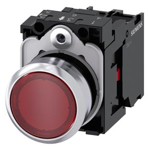 SIEMENS Illuminated pushbutton, 22 mm, round, metal, shiny, red, pushbutton, flat, momentary contact type, with holder, 1 NC, LED module with integrated LED 230 V AC, Spring-type terminal