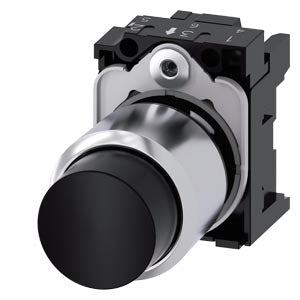 SIEMENS Pushbutton, compact, with extended stroke (12 mm), 22 mm, round, metal, black, pushbutton, raised, momentary contact type, with holder