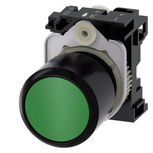 SIEMENS Pushbutton, compact, with extended stroke (12 mm), 22 mm, round, plastic, green, pushbutton, flat, momentary contact type, with holder