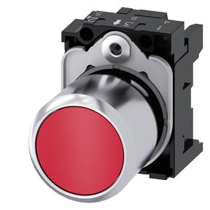 SIEMENS Pushbutton, compact, with extended stroke (12 mm), 22 mm, round, metal, red, pushbutton, flat, momentary contact type, with holder
