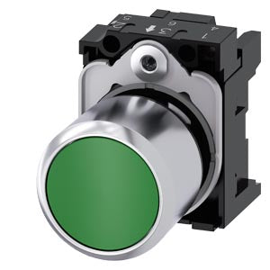 SIEMENS Pushbutton, compact, with extended stroke (12 mm), 22 mm, round, metal, green, pushbutton, flat, momentary contact type, with holder