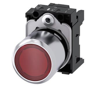SIEMENS Pushbutton, compact, with extended stroke (12 mm), 22 mm, round, metal, red transparent, pushbutton, flat, momentary contact type, with holder
