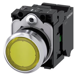 SIEMENS Illuminated pushbutton, 22 mm, round, metal, shiny, yellow, pushbutton, flat, momentary contact type, with holder, 1 NO, LED module with integrated LED 230 V AC, Spring-type terminal