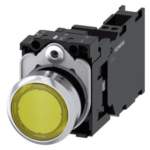 SIEMENS Illuminated pushbutton, 22 mm, round, metal, shiny, yellow, pushbutton, flat, momentary contact type, with holder, 1 NO+1 NC, LED module with integrated LED 230 V AC, Spring-type terminal