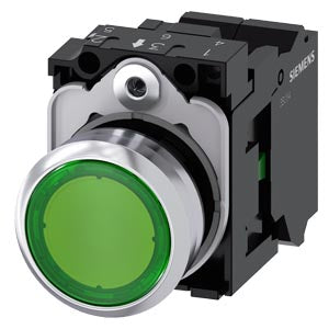 SIEMENS Illuminated pushbutton, 22 mm, round, metal, shiny, green, pushbutton, flat, momentary contact type, with holder, 1 NO, LED module with integrated LED 230 V AC, screw terminal