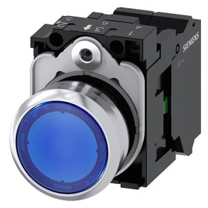 SIEMENS Illuminated pushbutton, 22 mm, round, metal, shiny, blue, pushbutton, flat, momentary contact type, with holder, 1 NO, LED module with integrated LED 230 V AC, Spring-type terminal