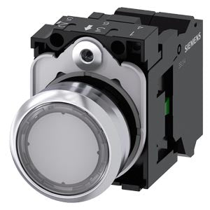SIEMENS Illuminated pushbutton, 22 mm, round, metal, shiny, transparent, pushbutton, flat, momentary contact type, with holder, 1 NO, LED module with integrated LED 230 V AC, Spring-type terminal