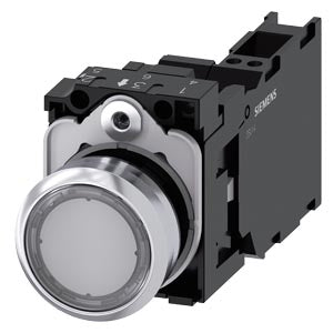 SIEMENS Illuminated pushbutton, 22 mm, round, metal, shiny, transparent, pushbutton, flat, momentary contact type, with holder, 1 NO+1 NC, LED module with integrated LED 230 V AC, Spring-type terminal