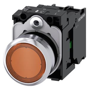 SIEMENS Illuminated pushbutton, 22 mm, round, metal, shiny, amber, pushbutton, flat, momentary contact type, with holder, 1 NO, LED module with integrated LED 230 V AC, screw terminal