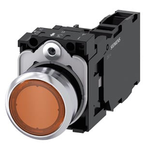 SIEMENS Illuminated pushbutton, 22 mm, round, metal, shiny, amber, pushbutton, flat, momentary contact type, with holder, 1 NO+1 NC, LED module with integrated LED 230 V AC, screw terminal