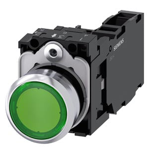 SIEMENS Illuminated pushbutton, 22 mm, round, metal, shiny, green, pushbutton, flat, momentary contact type, with holder, 1 NO+1 NC, LED module with integrated LED 230 V AC, Spring-type terminal