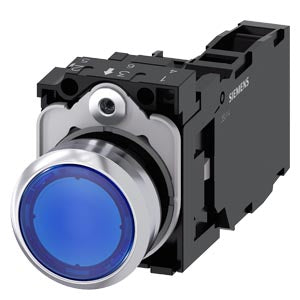 SIEMENS Illuminated pushbutton, 22 mm, round, metal, shiny, blue, pushbutton, flat, momentary contact type, with holder, 1 NO+1 NC, LED module with integrated LED 230 V AC, screw terminal