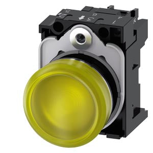 SIEMENS Indicator lights, 22 mm, round, metal, shiny, yellow, lens, smooth, with holder, LED module with integrated LED 230 V AC, Spring-type terminal