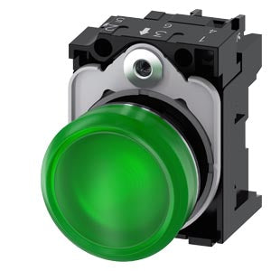 SIEMENS Indicator lights, 22 mm, round, metal, shiny, green, lens, smooth, with holder, LED module with integrated LED 230 V AC, Spring-type terminal