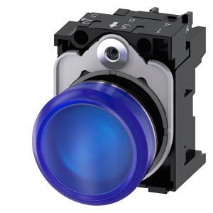 SIEMENS Indicator lights, 22 mm, round, metal, shiny, blue, lens, smooth, with holder, LED module with integrated LED 230 V AC, Spring-type terminal