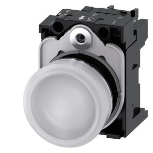 SIEMENS Indicator lights, 22 mm, round, metal, shiny, white, lens, smooth, with holder, LED module with integrated LED 230 V AC, Spring-type terminal