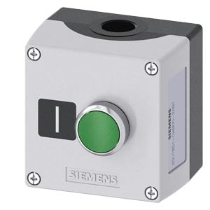 SIEMENS Enclosure for command devices, 22 mm, round, Enclosure material metal, enclosure top part gray, 1 control point metal, A=Pushbutton green, 1 NO, screw terminal, floor mounting, label: I, 1xM20 each on top and bottom, Label enclosed
