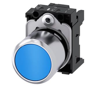 SIEMENS Pushbutton, compact, with extended stroke (12 mm), 22 mm, round, metal, blue, pushbutton, flat, momentary contact type, with holder