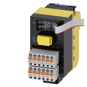 SIEMENS SIRIUS ACT with PROFINET: fail-safe interface module with 4 DI, 1 DQ (24 V DC), 1 AI (12-bit A/D resolution), 24 V DC, spring-loaded terminal, front plate mounting, 1 to 20 terminal modules connectable